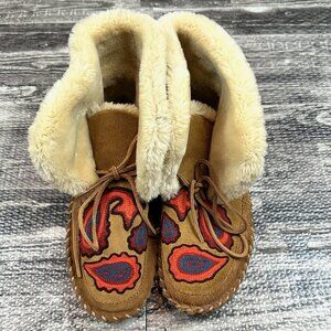 Lucky Brand Tan Suede Leather Embroidered Moccasin Ankle Booties